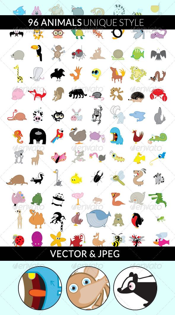 A mix of 96 cartoon animals all in vector format. image